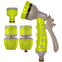 Set de Pistolet d'Arrosage en Plastique Jardibric avec 7 Jets, 1 Raccord Rapide, 1 Raccord Rapide Stop et 1 Nez de Robinette
