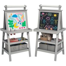 Aiyaplay - Pizarra infantil caballete de pintura para niños 3 en 1 pizarra de doble cara magnética con rollo de papel y cestas de almacenamiento gris