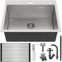 Auralum Edelstahl Küchenspüle 58 x 45 cm Einbauspüle, Küchenspülbecken für ab 65cm Unterschrank, Edelstahlspüle, inkl. Seifenspender, Abtropfgitter