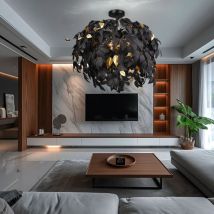 RL - Plafoniera camera da letto lampada da soffitto lampada da soggiorno lampada da sala da pranzo foglie, metallo plastica nero oro, 3x attacco E14,
