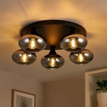Plafoniera Led A Filamento In Vetro Fumé Moderna Lampada Da Soffitto Nera Retrò Da Soggiorno Dimmerabile A 5 Fiamme In Vetro, Metallo, 5x 4w 470lm 