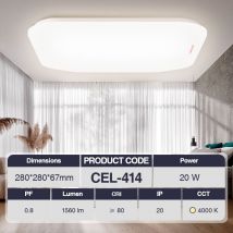 Plafoniera led 20W 4000k Bianco IP20 1560lm CRI≥80 UGR≤27 PF0.8 Garanzia:3anni 280mmx280mmxH67mm - Kosoom