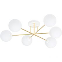Plafoniera Moderna Magnium 6 Luci In Acciao Oro e Sfere In Vetro Bianco