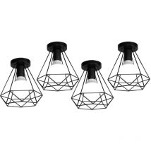 Plafoniera Soffitto, Industriale Stile Lampada da Soffitto in Metallo, Illuminazione con Ø20cm Gabbia Diamante Attacco E27 Nero 4 Pezzi
