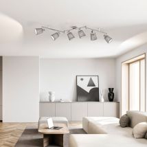 Plafoniera spot strip 6 fiamme lampada da soffitto soggiorno camera da letto, nichel opaco grigio tessuto, 6x E14, LxH 145x21 cm