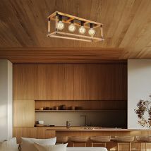 Plafonnier, bois, luminaire salle à manger, plafonnier, corde de chanvre, plafonnier, cadre en bois, métal, noir, couleur naturelle, 4 lumières E27,