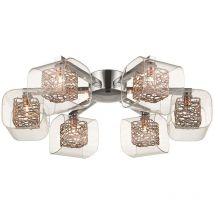 Spring Lighting - Plafonnier en maille multi-bras affleurant à 6 ampoules, chrome, cuivre et verre, G9