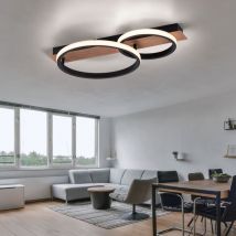 Leuchten Direkt - Plafonnier en bois métal noir led lumière en bois, design en anneau, aspect bois moderne, 1x led 28W 1200Lm 3000K, LxlxH 53x30x8 cm