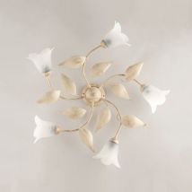 Bonetti Illumina - Plafonnier en fer ivoire doré cinq lumières verre albâtre blanc 70x h20 cm