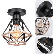 Plafonnier Industriel Vintage Luminaire Abat-jour Cage Lampe Suspension Métal Corde de Chanvre Ø16CM Noir E27 - 1Pcs