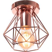 Plafonnier Industriel Cage Métal Forme Diamant Lustre Suspension Luminaire Salon Couloir Doré Rose
