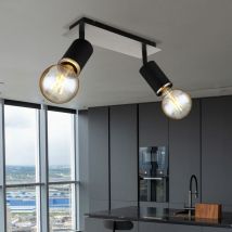 Plafonnier, lampe de salon, 2 flammes, spots orientables, bois, métal noir, 2x douilles E27, LxPxH 31x10x18 cm