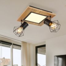 Plafonnier, lampe de salon, circuit imprimé led, écran grille métallique, spots, mobile, aspect bois, 2 x E27 max 7W, LxPxH 30x30x22,5 cm