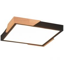 Plafonnier LED carré avec bordure noire et bois naturel, doté d'une fonction de réglage d'intensité avec interrupteur mural standard. Dimensions :