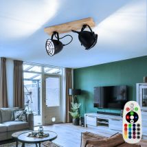 Etc-shop - Plafonnier led spot lampe de salon lampe de salle à manger, métal noir grille bois, 2 ampoules E14 spots mobiles dimmable télécommande