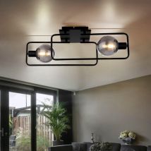 Etc-shop - Plafonnier plafonnier salon lumière salle à manger lampe couloir, métal noir, verre fumé, 2 ampoules E14, l 61 cm