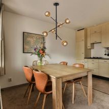 Plafonnier pivotant lampe de salon bois plafonnier lamellaire bois, métal noir, 6x E14, LxPxH 54,2x54,2x65,2 cm, Briloner 2855-065