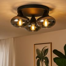 Lampe De Plafond Verre Fumé Lampe De Salon Plafonnier Rond Boule De Verre Chambre À Coucher, Métal Noir, 3x E14, Dxh 39x15 Cm