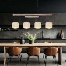 Plafonnier suspendu réglable en hauteur pour salle à manger, poutres en bois rustique, abat-jour en tissu gris, métal noir, LxlxH 113x18x120 cm