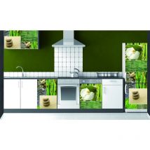Sticker mural décoratif Nature Zen pour réfrigérateur - Rivière, Galets, Bambou, Fleurs Blanches - 59,5 cm x 180 cm
