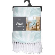 Plaid à franges 125x150 cm - Bleu feuilles blanche