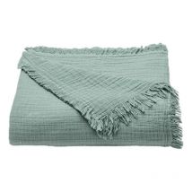 Plaid à franges 'Brehat' Gaze de Coton stonewashed Toison D'or Couleur: Brehat Lichen