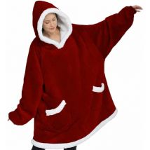 Plaid à Capuche Adulte 118x80cm Plaid Pull Couverture Canapé Polaire avec Manche Femme Homme avec Poche tv Hiver Rouge
