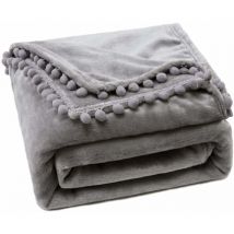 Plaid Couverture Polaire en Flanelle Velours, 1 Pièce Epaisse Moelleux Douce Chaude Fourrure avec Pompom Décoratif 150X200CM Gris