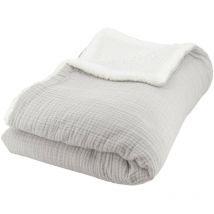 Plaid sherpa et gaze de coton 130 x 170 cm gris. alix. bi-matière