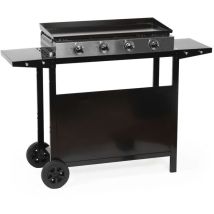Plancha À Gaz 4 Brûleurs Sur Chariot – Acier Émaillé – Surface De Cuisson 75 X 35 Cm – Bac Récupérateur De Graisse – Noir – Garden Max