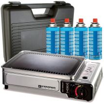 Kemper - Plancha à gaz portable 2300W + 4 cartouches de gaz + Valise de transport