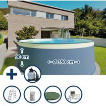 Stahlwandpool Set (6-teilig) rund 350x90 cm, Stahl 0,3 mm anthrazit, Folie 0,2 mm sand, overlap