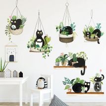 Plantes en Pot Vertes Cactus Sticker Mural Mignon Chat Noir Autocollants, Sticker Mural Bricolage Muraux Tropicaux Plante, Nature Fleurs Stickers
