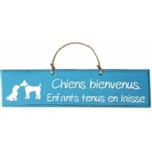 Plaque décorative en bois – Chiens bienvenus – Dimensions 38x10x1 cm – Bois de pin – Ficelles en chanvre naturel – QUALIART