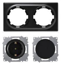 Plaque de finition 2 postes Florence + 1 Interrupteur simple allumage + 1 Prise avec terre - noir