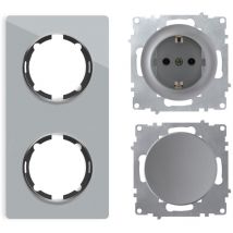 Warm-on - Plaque de finition 2 postes Garda, vertical + 1 Interrupteur simple allumage + 1 Prise avec terre - gris