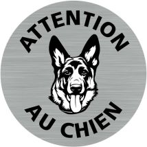 Pictogramme Attention .- Adhésif aspect aluminium brossé - Diamètre 83 mm
