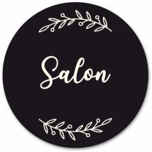 Plaque de Porte Autocollante pvc Gravé Noir Blanc Ronde.- - Salon