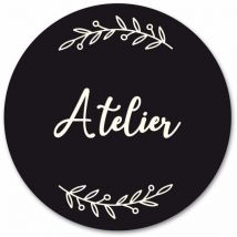 Plaque de Porte Autocollante pvc Gravé Noir Blanc Ronde.- - Atelier