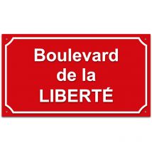 Plaque de rue en aluminium 1,5mm à visser avec lettrage en plexi . Signalétique Plaque de rue à visser. Plaque Rouge ral 3020 / Texte Blanc .