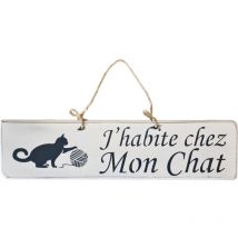 Plaque en bois blanc - J'habite chez Mon Chat