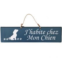 Plaque en bois bleu foncé - J'habite chez Mon Chien