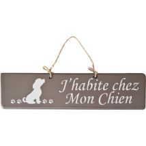 Plaque décorative en bois taupe – J'habite chez Mon Chien – Dimensions 38x10x10 cm – Bois de pin authentique – Ficelles en chanvre naturel – QUALIART