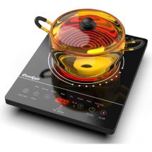 Cooksir - Plaque Vitrocéramique Portable 2000W, Plaque de Cuisson Vitrocéramique 1 Feu, 28cm, avec Prise, Chaleur Infrarouge, Minuterie 4 Heures,
