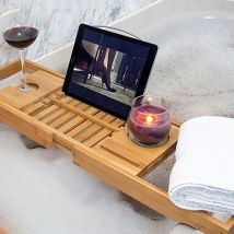 Skecten - Plateau de Baignoire en Bambou Pont de Baignoire Extensible Rangement pour la Salle de Bain Support pour Téléphone Tablette Livre