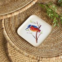 Plateau oiseau rouge bleu métal 16x2x16cm