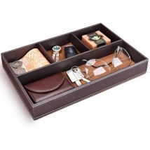 Ibuyke - Plateau Vide Poche en Cuir, Organisateur de Tiroir Chevet et Bureau à 4 Compartiments, Boîte de Rangement Clés, Portefeuille, Téléphone,