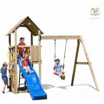 Aire de jeux carol 2 avec échelle, toboggan bleu, mur d'escalade, toiture et balançoire simple - Kit sécurité ancrage - Fungoo