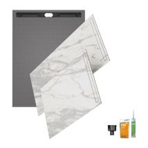 Wedi - Receveur de douche à carreler 120 x 90 Fundo riolito neo + revêtement Top marble white + colle + ecoulement linéaire vertical + kit étancheité