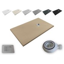 Outletaseo - Plato de Ducha Resina Aligerado Extraplano Aligeres – 【90x100 cm, moka ral 1001】 - Antideslizante Textura Pizarra - Incluye Válvula